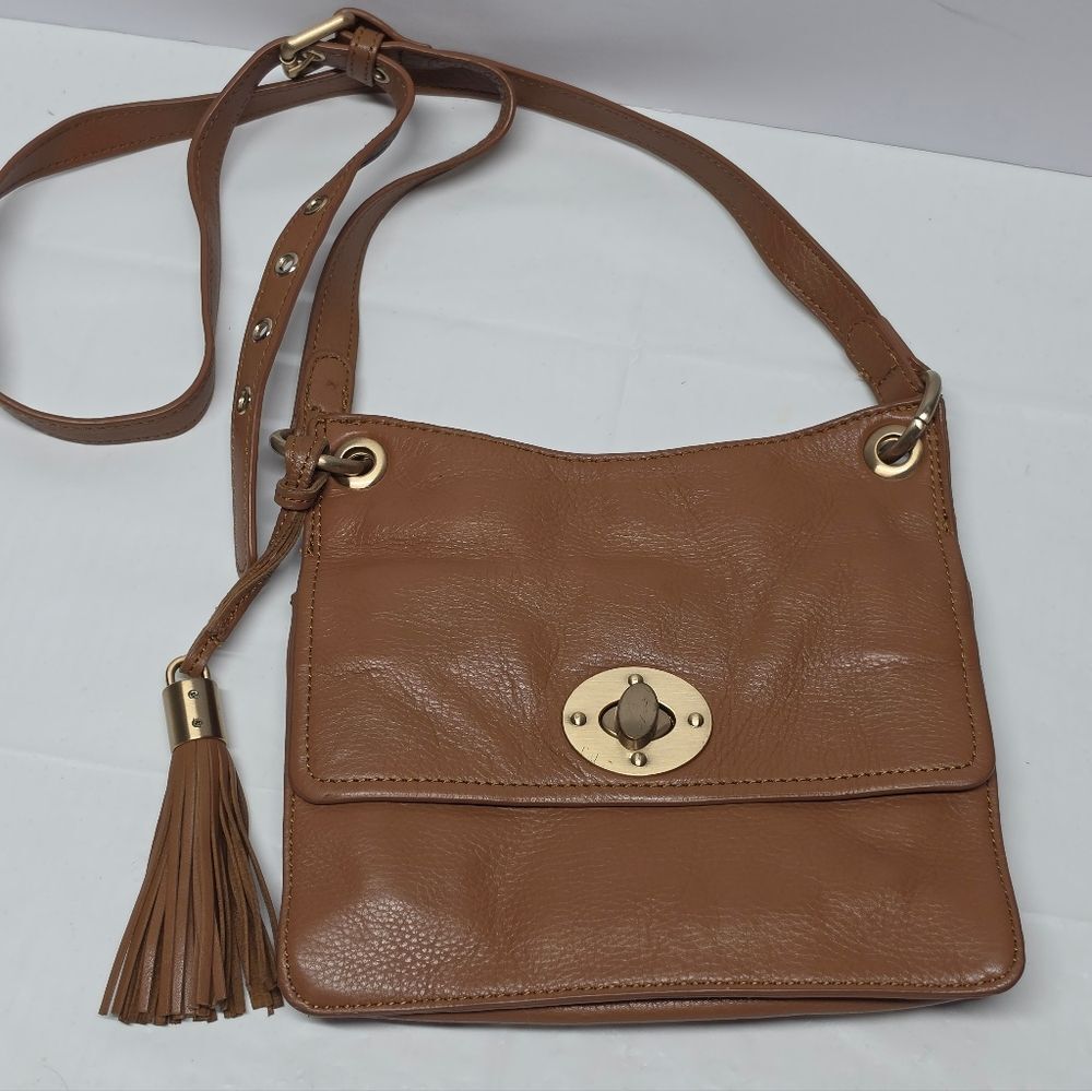 Clements Ribeiro Black Label Tan Camel Leather Crossbody Purse Bag With Tassel